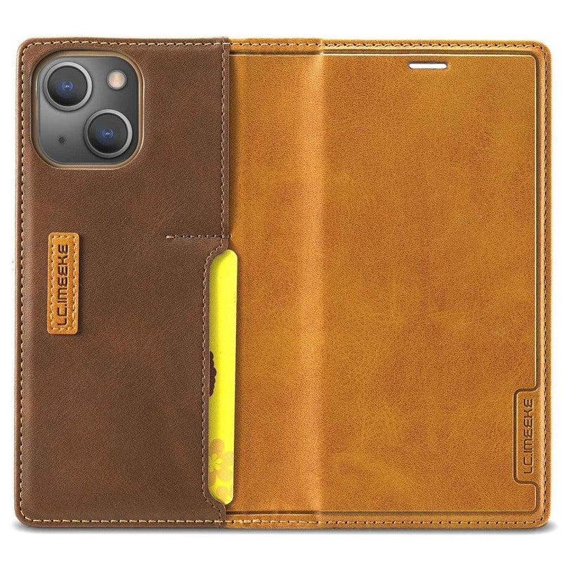 iPhone Wallet Case - Flip Leather iPhone 14 case with Card Holder Belts, Buckles and Wallets